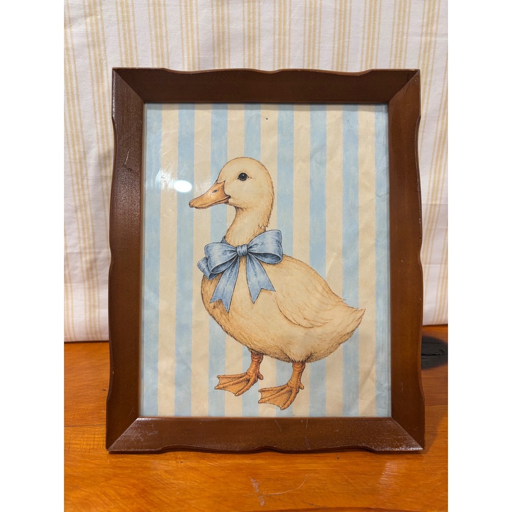 Vintage Duckling Art Print Scalloped Wood Frame Blue Bow Nursery Decor 8x10